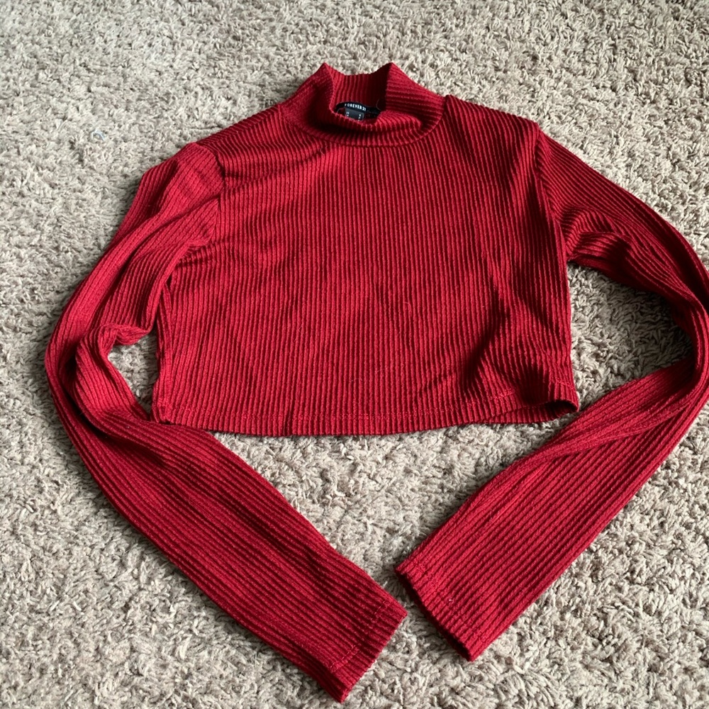 Red, Long Sleeve, Crop Top (Forever 21)